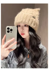 Cute cat ear knitted winter hat for women warm fuzzy beanie soft fleece cute fashion style