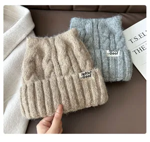 Cute cat ear knit hat warm winter wool beanie stylish casual headwear detailed view.