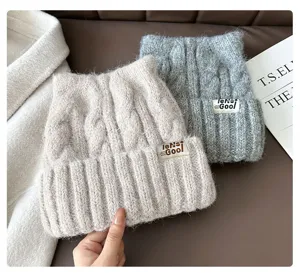 Cute cat ear knitted hat for women autumn winter warm wool pullover cap fashion beanie grey