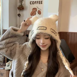 Women Winter Warm Knit Beanie Hat Sweet Cute Bear Ears Braided Long Tassels Thick Fleece Pullover Cap Fashion Headwear