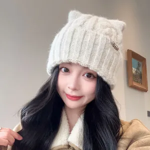 Korean style autumn winter knit hat cute cat ear woolen cap warm thick stylish beanie for women