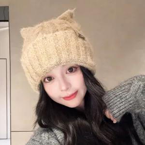 Cute cat ear knit hat for women, winter warm wool beanie with stylish letter tag, cozy.