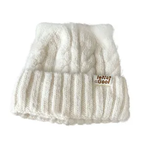 Cute cat ear knitted beanie hat for women, thick warm winter wool cap with letter label chic style