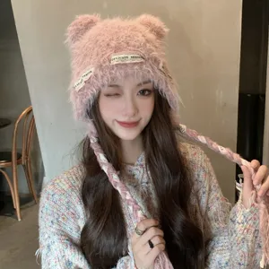 Cute pink plush bear ear knitted hat with braided earflaps for women autumn and winter warm