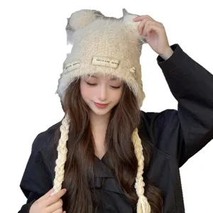 Cute bear ear knit hat for women, fuzzy warm winter beanie with braided earflaps, sweet style.