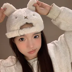 Femme Mignonne Oreille De Lapin Peluche Casquette De Baseball Automne Hiver Chaud Bec De Canard Broderie Cœur Chapeau