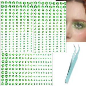 660pcs green face rhinestone stickers with tweezers for eye makeup body art DIY decoration.