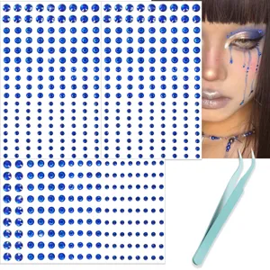 Blue face rhinestone stickers 660pcs self adhesive face gems eye jewels with tweezers DIY makeup