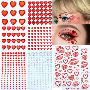 Pegatinas de Joyas Faciales de Diamantes de Imitación Corazón Rojo Labios Rojos Gemas Faciales Autoadhesivas Ojos Cuerpo Joyas de Cristal Para Fiesta Maquillaje