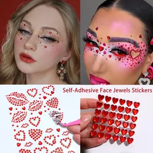 Pegatinas de diamantes de imitación para la cara de corazón rojo y labios de fiesta.