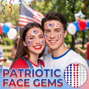 Gemas patrióticas para la cara adhesivas rojo blanco azul strass para fiesta y festival.