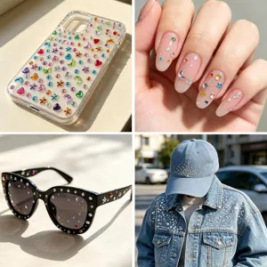 Set de pegatinas de estrás coloridas con estrellas, corazones y lunas para fundas y uñas decoradas.