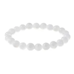 White stone beaded elastic bracelet detail showing smooth round beads and stretch cord.