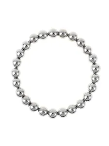 Bracciale elastico con perle in metallo argentato, gioiello versatile per ogni occasione.
