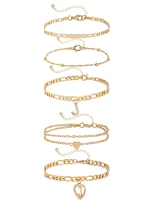 Gold-plated fashion initial J and heart charm anklet set with delicate layered chains.