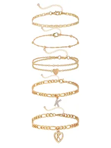 Gold anklet set for women initial letter K heart charm dainty beach foot jewelry chain