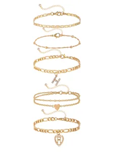 Set of 5 gold-toned anklets featuring minimalist chains, rhinestone letter H and heart pendants for women.