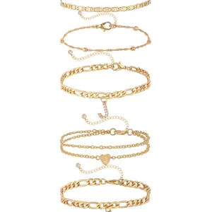 Minimalist Alloy Zirconia Letter Heart Pendant Anklet Gold Layered Chain Foot Jewelry Gift For Women