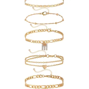 Gold initial letter anklet set for women multi layer heart foot chain jewelry gift