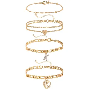 Gold initial K anklet set multi-layer heart charm ankle bracelet for women fashion jewelry