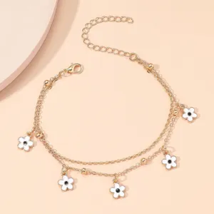 Gold Double Layer Anklet with White Flower Pendants Cute Sweet Style Women Foot Jewelry