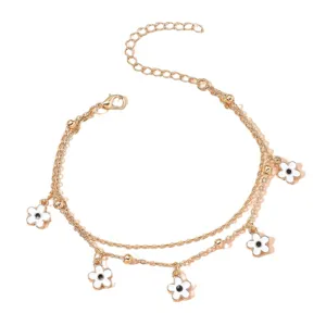 Women double layer gold anklet with white enamel flower pendants sweet style summer beach jewelry