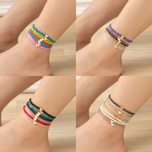 Cavigliera a Strati in Perline di Vetro Colorate Boho Con Ciondolo a Cuore in Metallo Gioiello da Piede