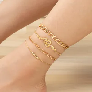 Fashion Multi Layer Snake Pendant Anklet Rhinestone Heart Foot Chain Alloy Gold Plated Jewelry Set For Women