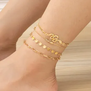Layered Gold Anklet Set with Snake Heart Pendant Rhinestone Summer Beach Foot Jewelry
