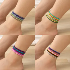 Ensemble de Chevillères en Perles de Verre Colorées Bohème Multicouche Élastique Extensible Bijoux de Pied de Plage pour Femmes