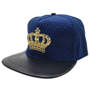 Detailed view of the blue mesh snapback cap with a dazzling rhinestone crown metal badge.