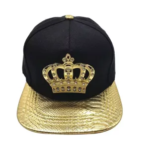 Black snapback cap with gold snakeskin brim and rhinestone crown metal badge for adults.
