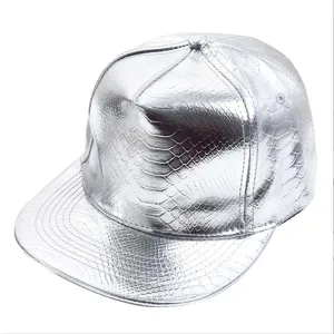 Silver metallic snake pattern PU leather flat brim hip hop hat for streetwear street dance.