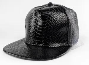 Detailed view of black snakeskin texture PU leather snapback hip hop hat flat brim cap.