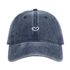 Vintage washed cotton baseball cap with cute white heart embroidery for daily outdoor wear.