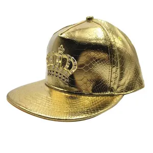 Gold PU leather hip hop hat detail, shiny snakeskin texture, rhinestone crown metal badge close up.