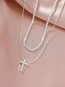 Silver layered cross necklace sparkling textured chain elegant jewelry design daily wear