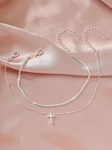 Doppellagige Silberfußkette mit Kreuz Anhänger und glitzernder Kette für Damen Strand