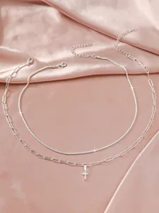 Layered silver color cross pendant necklace paperclip chain sparkling dainty jewelry for women