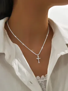 Sparkling silver cross pendant necklace elegant minimalist collarbone chain for women