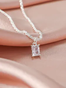 Exquisite rectangular zircon pendant silver clavicle necklace for elegant women daily wear.