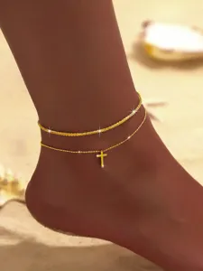 Exquisite doppelschichtige Gold Fußkette mit Kreuz Anhänger Strand Schmuck Details