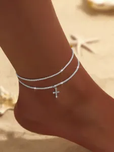 Modische doppelt geschichtete silberne Kreuz Fußkette Damen Strand Schmuck und Zubehör