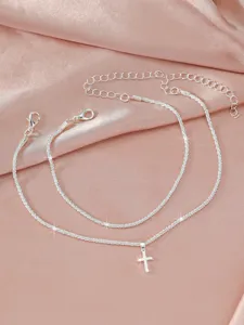Silbernes Kreuz Fußkettchen für Damen, glänzende Sternenketten Strand Fußschmuck Mode.