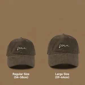Unisex brown baseball cap with embroidered lettering, available in regular and large sizes.