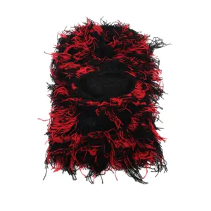 Trendy black and red hairy knitted balaclava ski mask, perfect for outdoor winter and funny parties.