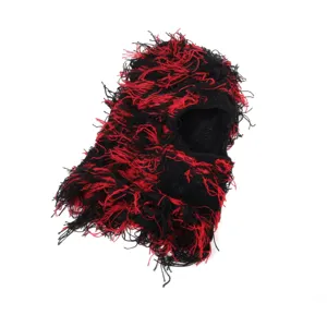 Detailed close-up view showing the red and black shaggy knit balaclava mask texture.