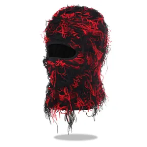 Distressed red black knit balaclava detail, cozy acrylic yarn ski mask for winter outdoor use.