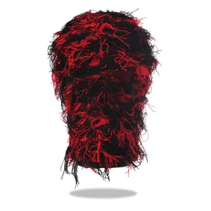 Red black shaggy knit balaclava mask fuzzy party hood outdoor warm acrylic wool streetwear hat