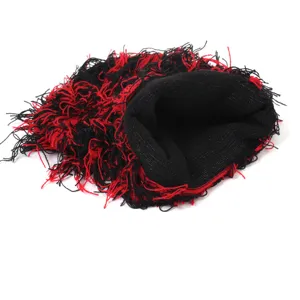 Fringed knit balaclava black red funny party mask outdoor warm knitted hat detail